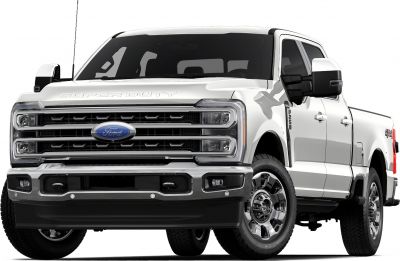 Front view of heavy-duty pickup with chrome grille and crew cab
