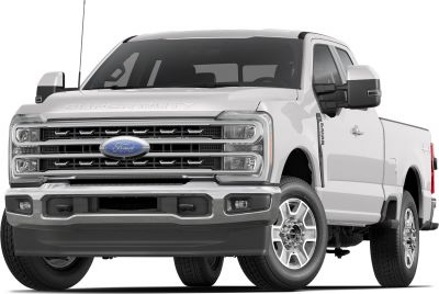 Heavy-duty white pickup truck with chrome grille and extended cab