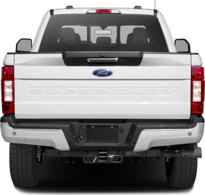 Rear view of pickup truck with tailgate, taillights, bumper and hitch