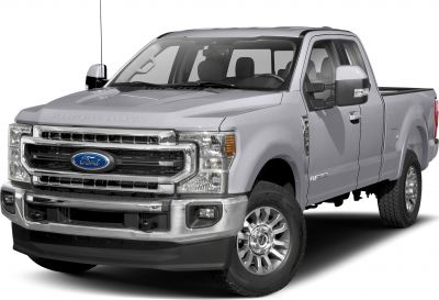 Front view of heavy-duty pickup with prominent grille and crew cab