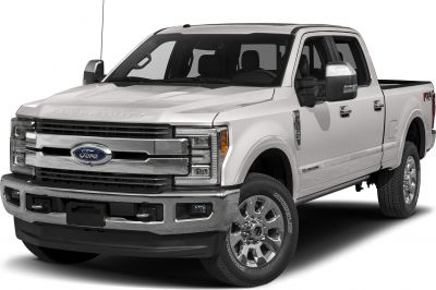 Front and side view of heavy-duty crew cab pickup with chrome grille and wheels
