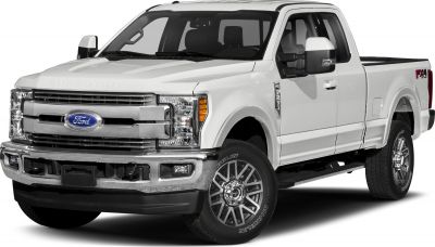 Front and side view of a heavy-duty pickup with extended cab and long cargo bed.