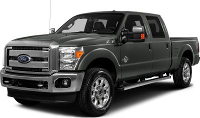 Front side view of a heavy-duty pickup truck with crew cab and long cargo box.