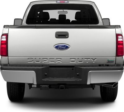 Rear view of pickup truck tailgate and exhaust pipe