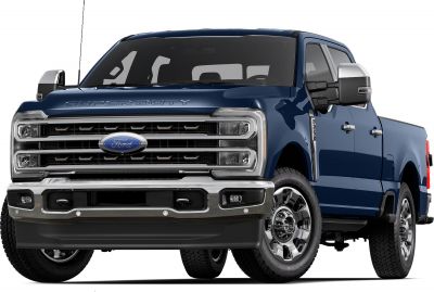 Heavy-duty pickup front with bold grille and crew cab long box design