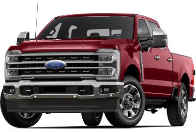 Red heavy-duty pickup truck with crew cab and long bed, front view