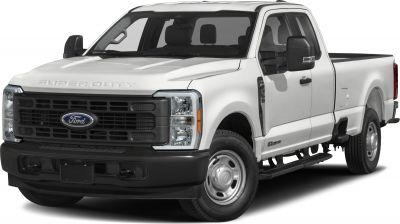 Heavy-duty pickup truck with Super Cab and long bed in white.