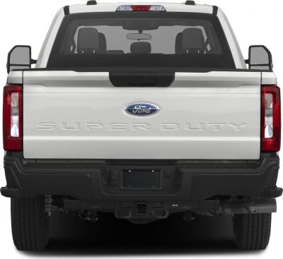 Rear view of pickup with embossed tailgate and vertical taillights