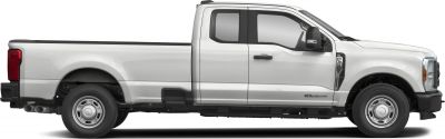 Side profile of extended cab pickup with long cargo bed and dual rear wheels