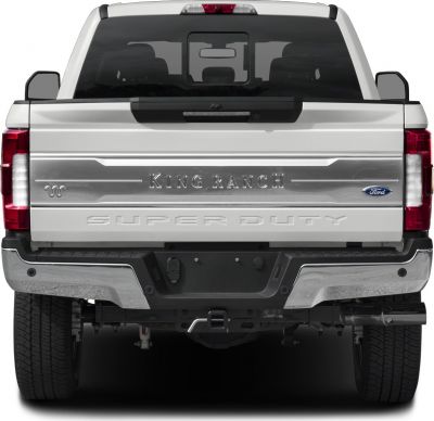 Heavy duty pickup rear view with King Ranch embossed tailgate and robust bumper
