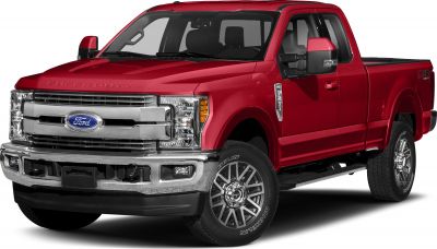 Front and side view of a red heavy-duty pickup truck with chrome grille