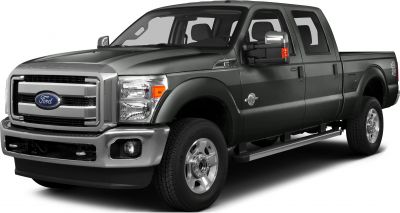 Front-side view of full-size pickup truck with crew cab and short box