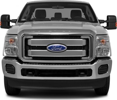Bold front grille and headlights on a heavy-duty pickup truck