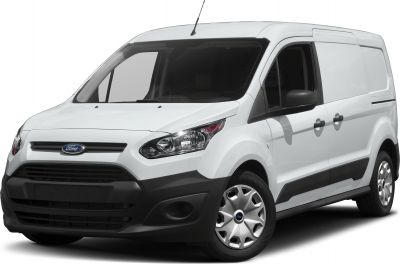 Front side view of white panel van with distinct headlights and black bumper
