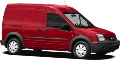 Red crew cab cargo van with extended roof and sliding door side view