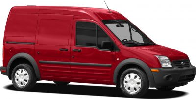 Compact red crew van with sliding side door and black trim