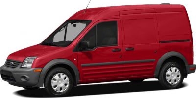 Side view of a red compact crew van with dual front doors.