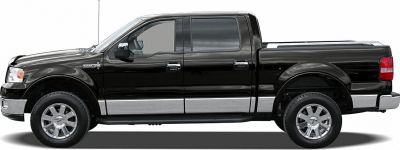 Side view of black crew cab pickup with chrome accents and covered bed