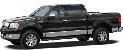 Side profile of a four-door luxury crew cab pickup truck with chrome accents.