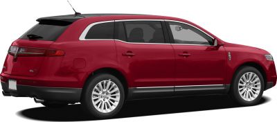 Side rear view of red SUV with alloy wheels and black trim