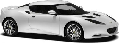 White sports coupe with black racing stripes and alloy wheels.