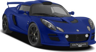 Front and side view of blue sports car with aerodynamic design and black wheels