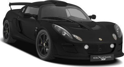 Front three-quarter view of a black sports car with aerodynamic design and large rear spoiler