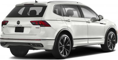 Rear-side profile of white SUV with sleek taillights and alloy wheels