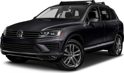 Front and side view of black SUV with grille and alloy wheels
