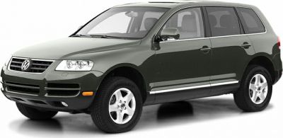 Side profile and front view of a mid-2000s SUV with alloy wheels and distinct headlights