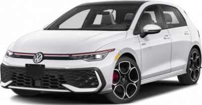Front and side view of sporty white hatchback with alloy wheels