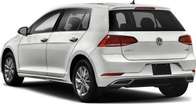 Rear side view of a white 5-door hatchback with tail lights and alloy wheels