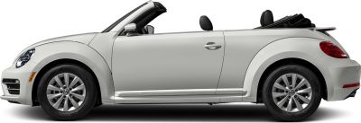 Side view of convertible with folded soft top, two doors and alloy wheels