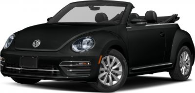 Front and side view of a black convertible with soft top down