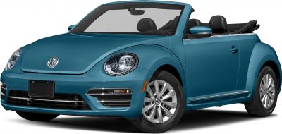 Front-side view of a blue convertible with rounded headlights and open roof