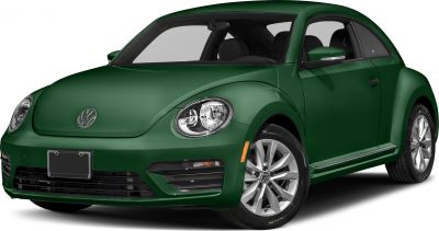 Front-side view of a green Beetle with round headlamps and alloy wheels
