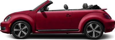 Red two-door convertible with folded soft top and modern styled wheels