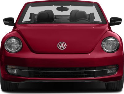 Front view of red Beetle Convertible with round headlights and VW emblem