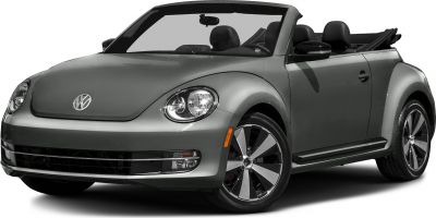 Front and side view of Volkswagen Beetle Convertible with roof down