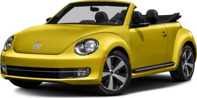 Yellow convertible compact car with rounded headlights and folded soft-top roof