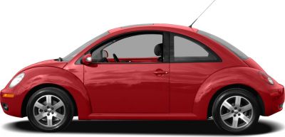 Side profile of a red compact hatchback with rounded design and alloy wheels
