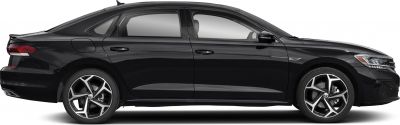 Side profile of a sleek black sedan with sporty alloy wheels and rear spoiler