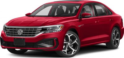 Front grille with alloy wheels on red sporty sedan