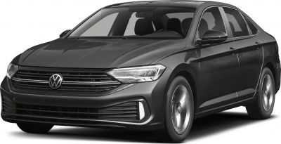 Front side view of sedan with sleek headlights and modern grille