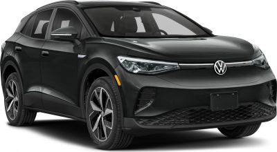 Front-side view of black electric SUV with LED headlights and alloy wheels