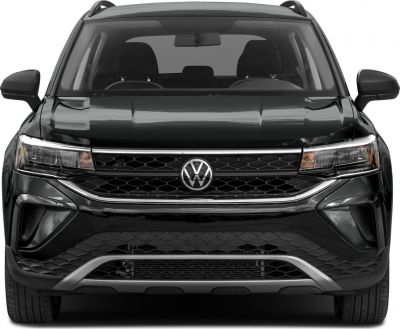 Front view showing grille, headlights, Volkswagen emblem, and bumper design of a black SUV.