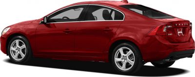 Side rear view of red sedan with alloy wheels