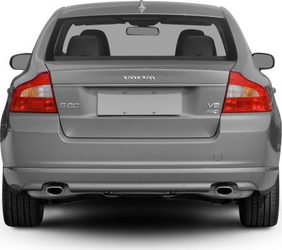 Rear view of a sedan with dual exhaust and V8 AWD badges.
