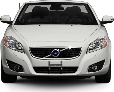 Front view with grille, headlights, and fog lights of a white convertible