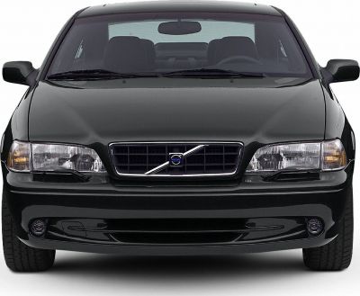 Front view with grille, headlights, and fog lights of black coupe car